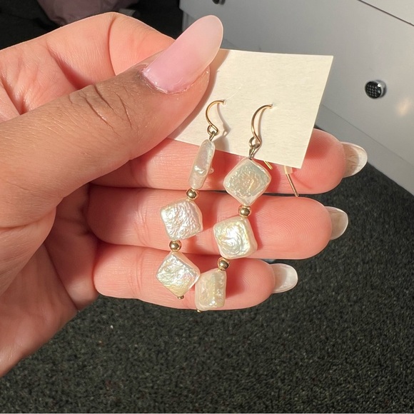 White Iridescent Diamond Shaped Beaded Lightweight Dangly Dainty Long Earrings - Picture 7 of 9